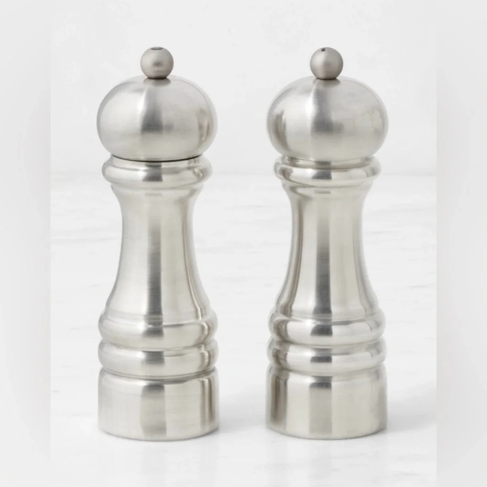 Williams Sonoma Polished Pewter 6” Salt & Pepper Mills Set, NIB, Retail $249